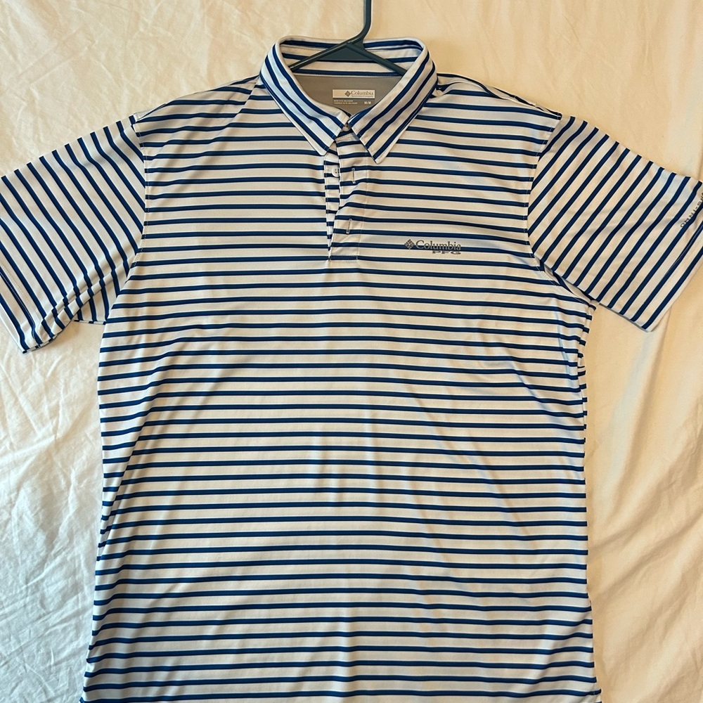 Columbia Men's Navy and White Striped Polo
